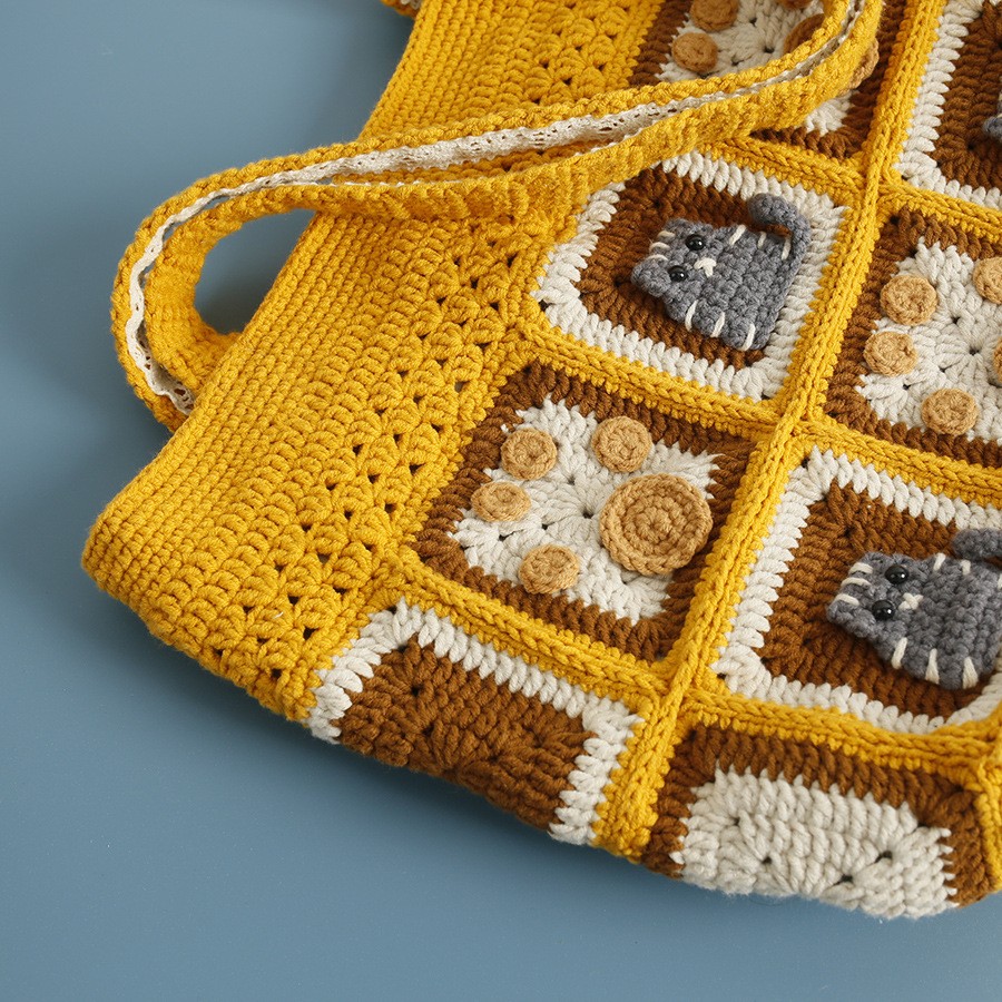 Kitten Handmade Wool Crocheted Square Shoulder Bag