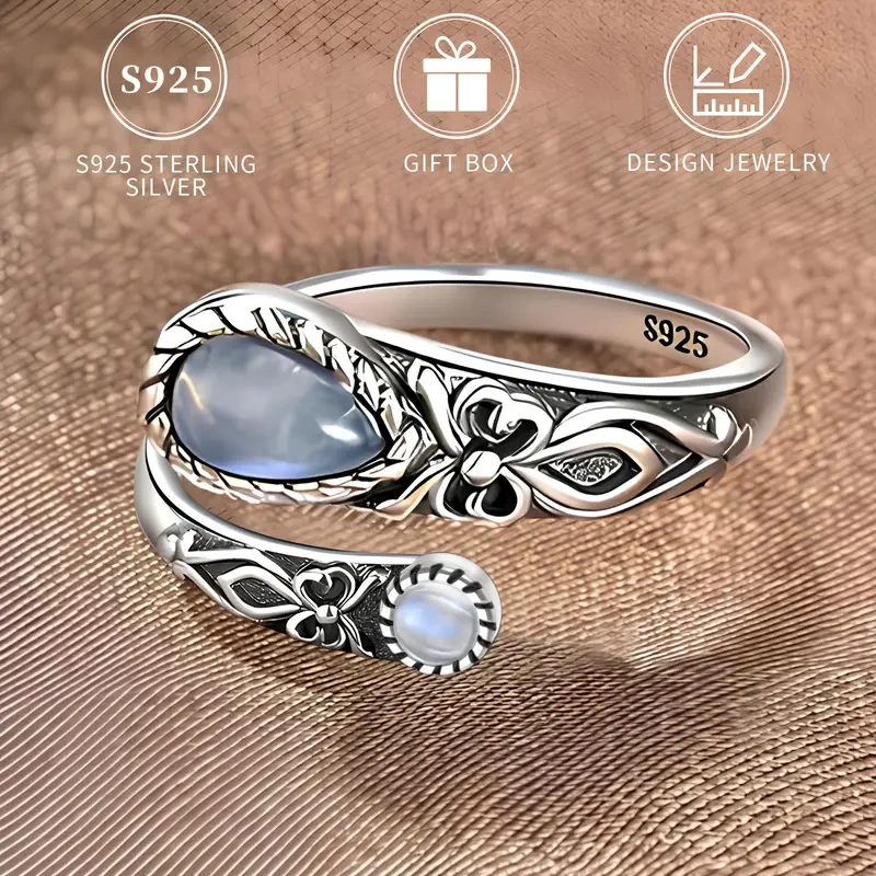 Vintage Boho Sterling Silver Moonstone Ring - Adjustable Spoon Band with Synthetic Stone,