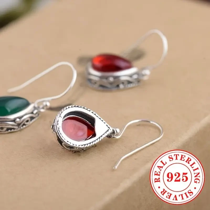 Sterling Silver Elegant Drop & Dangle Earrings with Synthetic Green & Red Gemstones