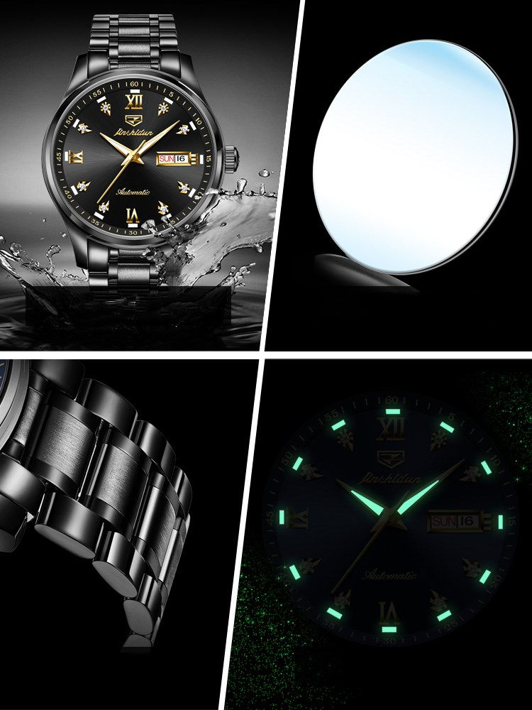 Simple Dual Calendar Waterproof Black Mechanical Watch