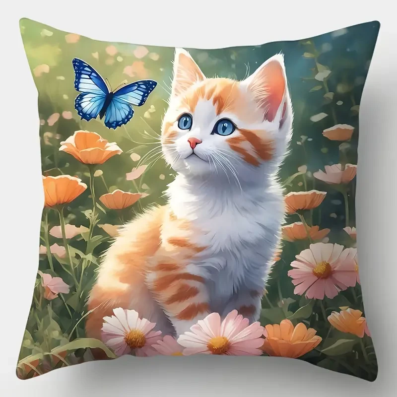 4-Pack Contemporary Throw Pillow Covers - Cute Cat Floral Print