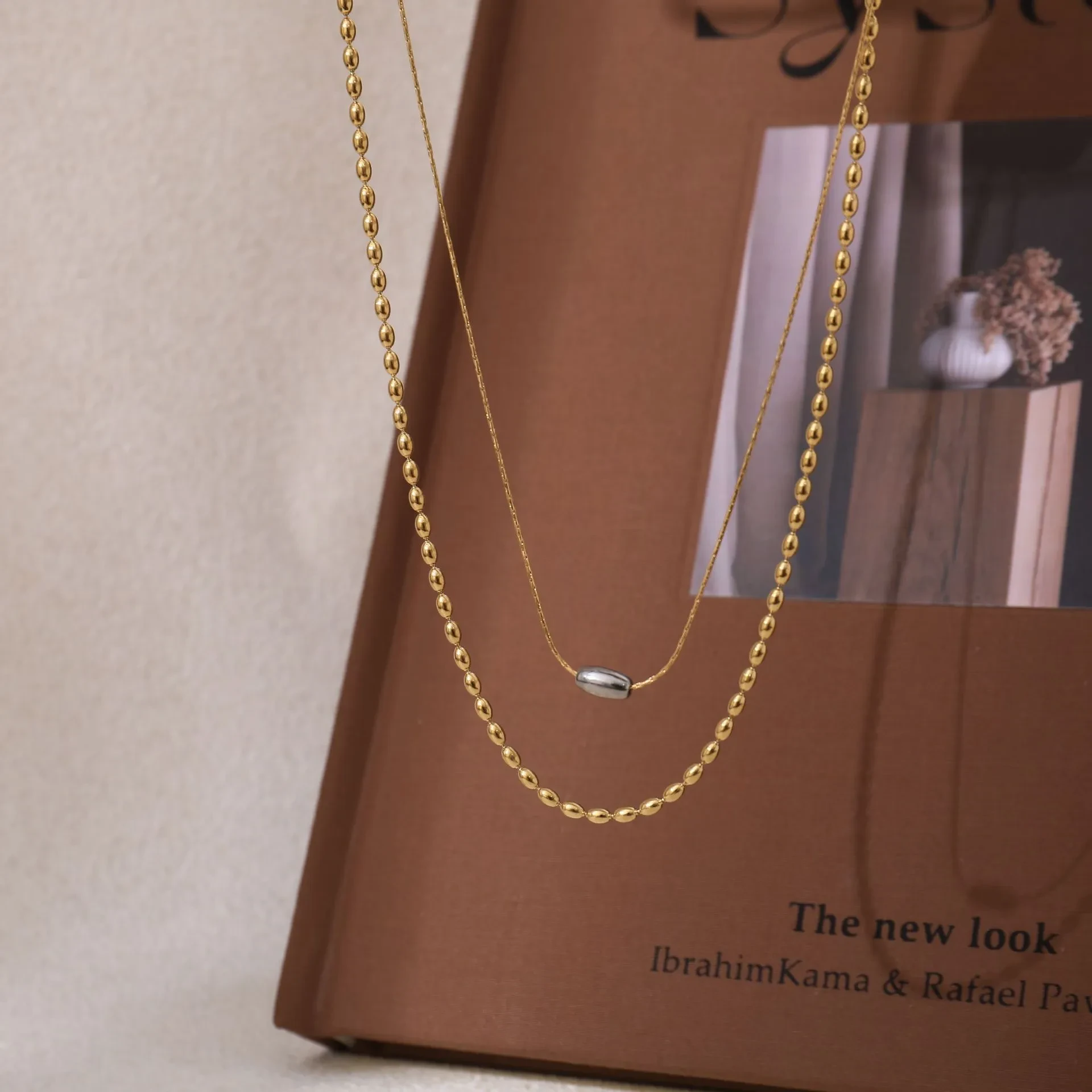 Titanium Steel Gold Rice Grain Double-layer Contrast Color Necklace