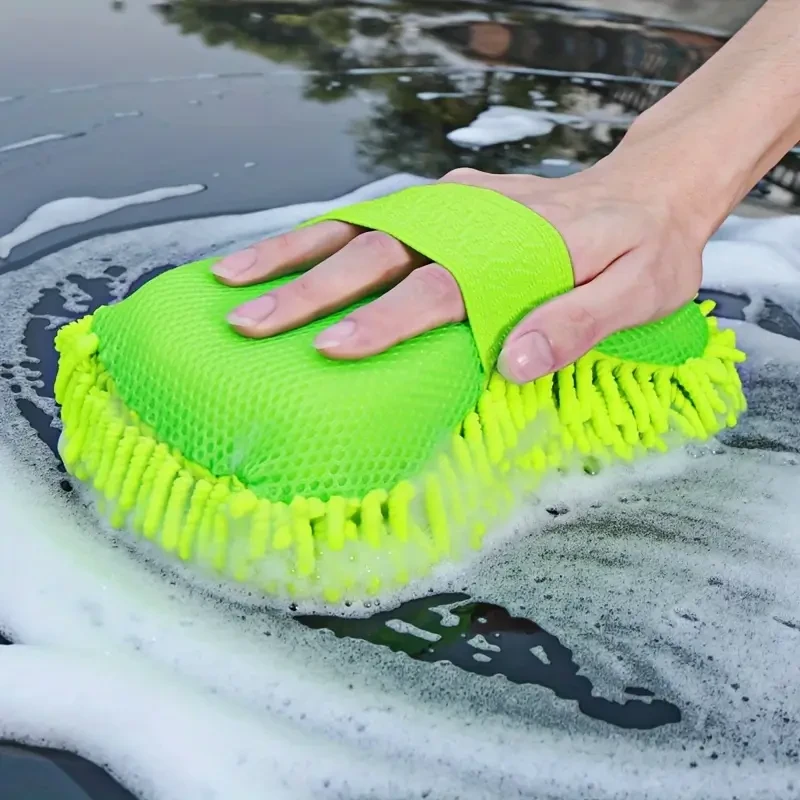 1pc Car Wash Mitt Chenille Microfiber Wash Sponge & Ultra-Absorbent Microfiber Waffle Drying Towel