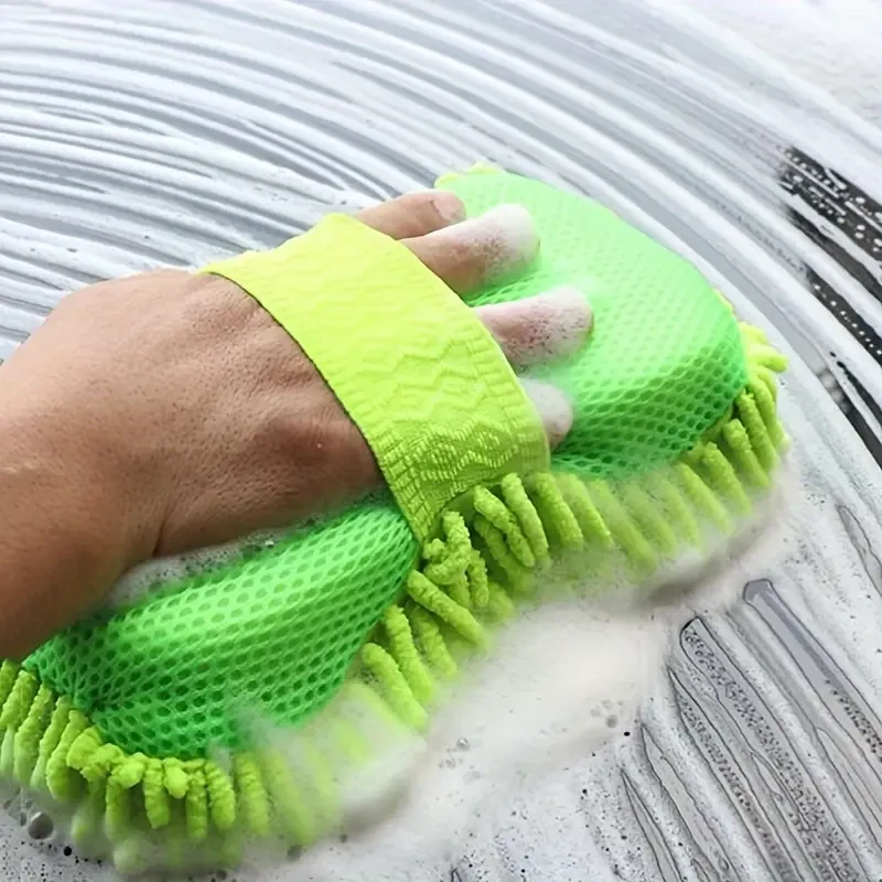 1pc Car Wash Mitt Chenille Microfiber Wash Sponge & Ultra-Absorbent Microfiber Waffle Drying Towel
