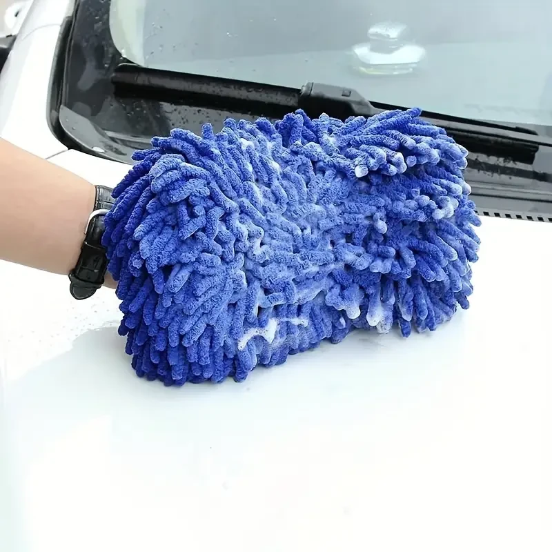 1pc Car Wash Mitt Chenille Microfiber Wash Sponge & Ultra-Absorbent Microfiber Waffle Drying Towel