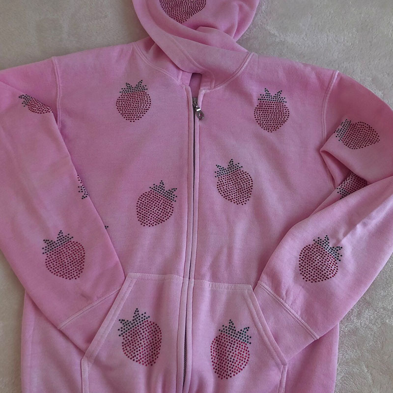 Women's Loose Strawberry Pattern Rhinestone Zipper Hoodie Coat