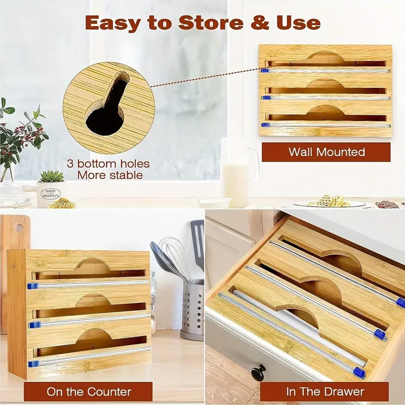 Streamlined Storage, Bamboo 3-in-1 Wrap Organizer with Cutter - Durable Kitchen Storage for Foil, Plastic Wrap & Wax Paper