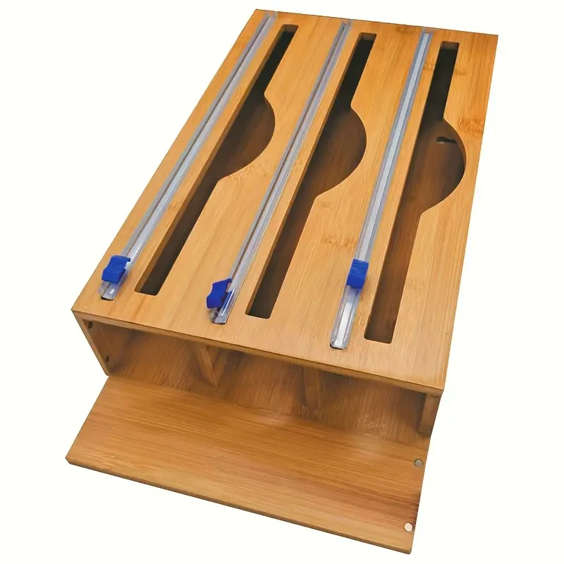 Streamlined Storage, Bamboo 3-in-1 Wrap Organizer with Cutter - Durable Kitchen Storage for Foil, Plastic Wrap & Wax Paper