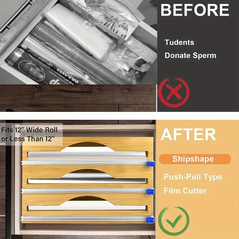 Streamlined Storage, Bamboo 3-in-1 Wrap Organizer with Cutter - Durable Kitchen Storage for Foil, Plastic Wrap & Wax Paper