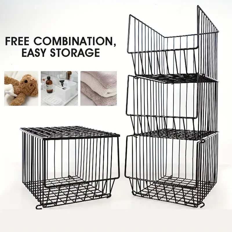 1pc Classic Stackable Metal Wire Basket Storage Organizer with Wheels