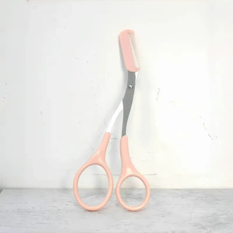 Precision Pink Eyebrow Trimming Scissors with Built-In Comb