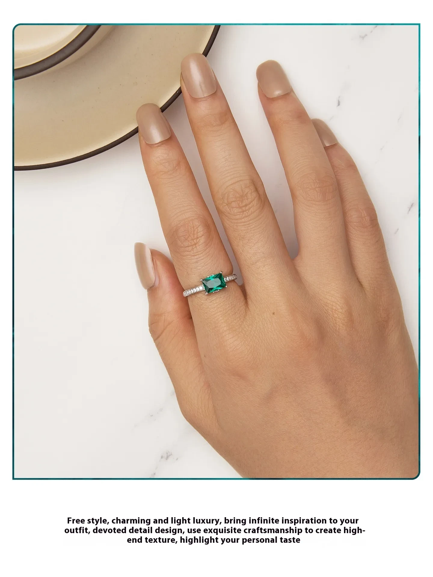 S925 Sterling Silver White Gold Plated Green Ring
