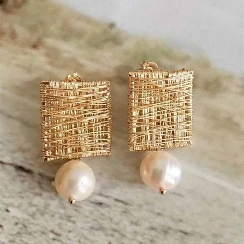 Creative Handmade Hollow Freshwater Pearl Pendant Earrings