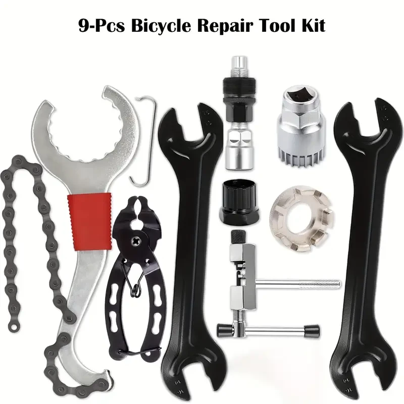 9pcs Professional Bicycle Repair Tool Kit with Stainless Steel Chain Whip