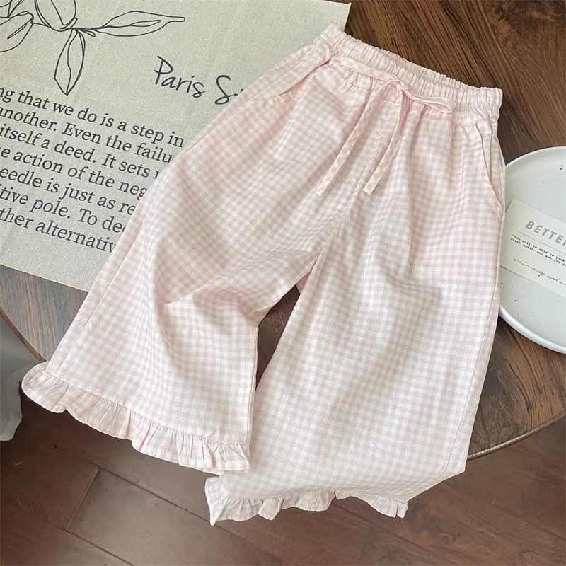Sweet Plaid Flared Wide Leg Pants Ruffled Two-piece Set