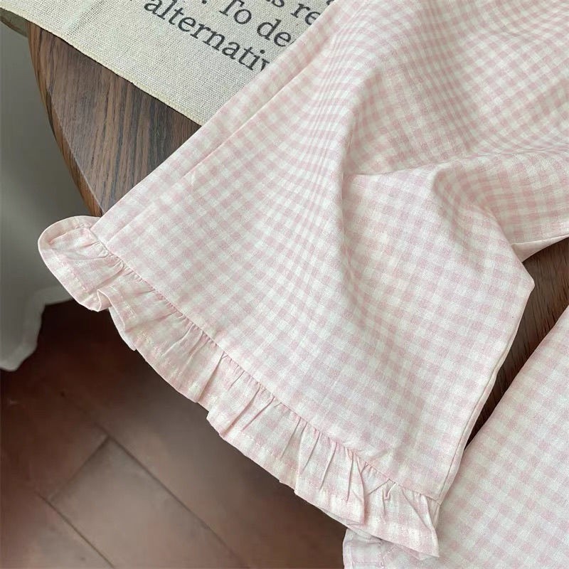 Sweet Plaid Flared Wide Leg Pants Ruffled Two-piece Set