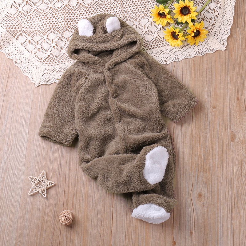 Autumn And Winter Coral Fleece Hood Long-sleeved Romper Toddler Cute Warm Jumpsuit