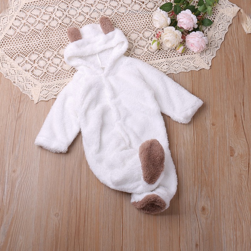Autumn And Winter Coral Fleece Hood Long-sleeved Romper Toddler Cute Warm Jumpsuit