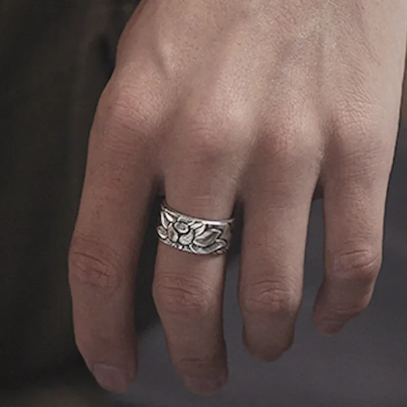 Thai Silver Black Men'S And Women'S Lotus Heart Sutra Ring