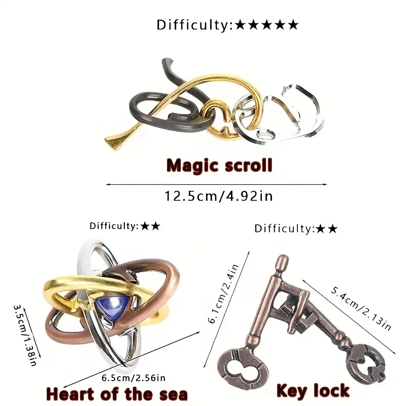 3pcs Iron Puzzle Set, High Difficulty Challenge Luban Lock, Brain Teaser Office Stress Relief Toy
