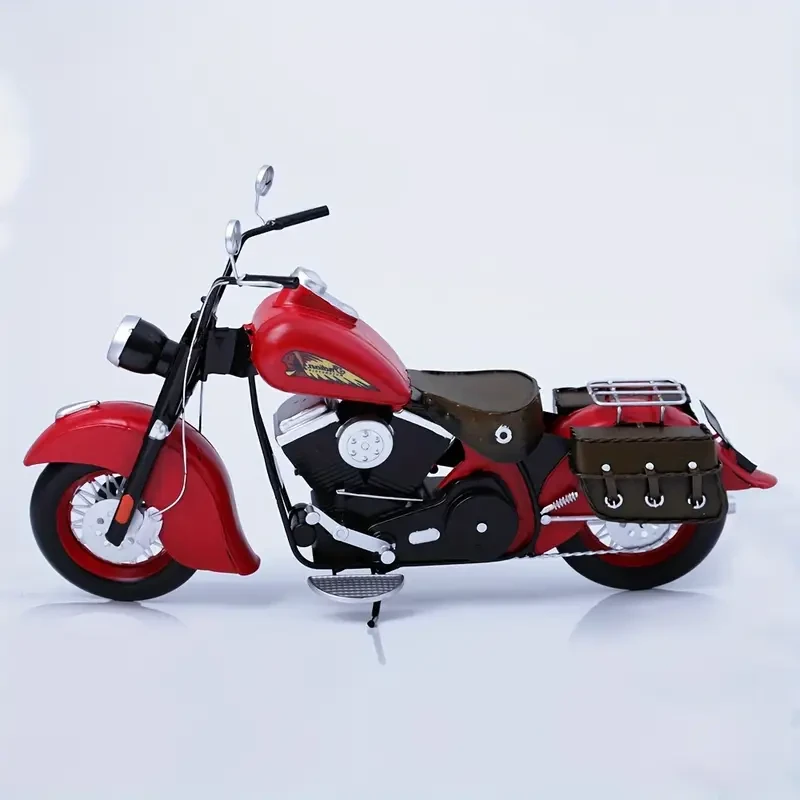 Vintage Style Red Iron Motorcycle Model, Classic Collectible Handmade Craft