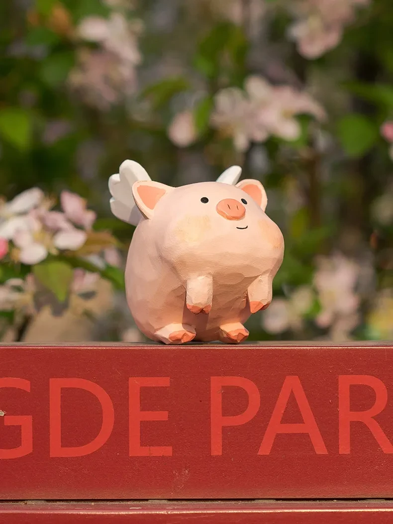 Original Wood Carving Small Flying Pig Tabletop Decoration
