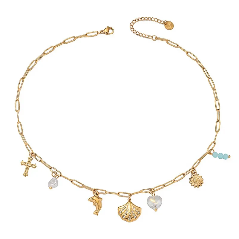 Retro Diamonds Scallop Gold-plated Dolphin Necklace
