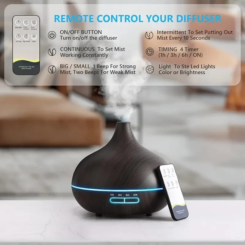 Diffusers For Essential Oils Large Room, 550ml Essential Oil Diffusers With Remote Control, Ultrasonic Oil Diffuser With Timer, 7 Colors Light For Bedroom