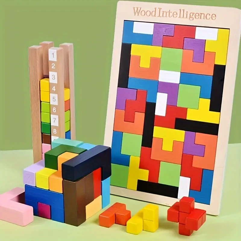 Colorful 3D Wooden Blocks Puzzle Set