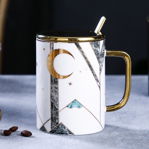Large Capacity Ceramic Cup With Lid Cpoon Coffee Cup Couple Cup