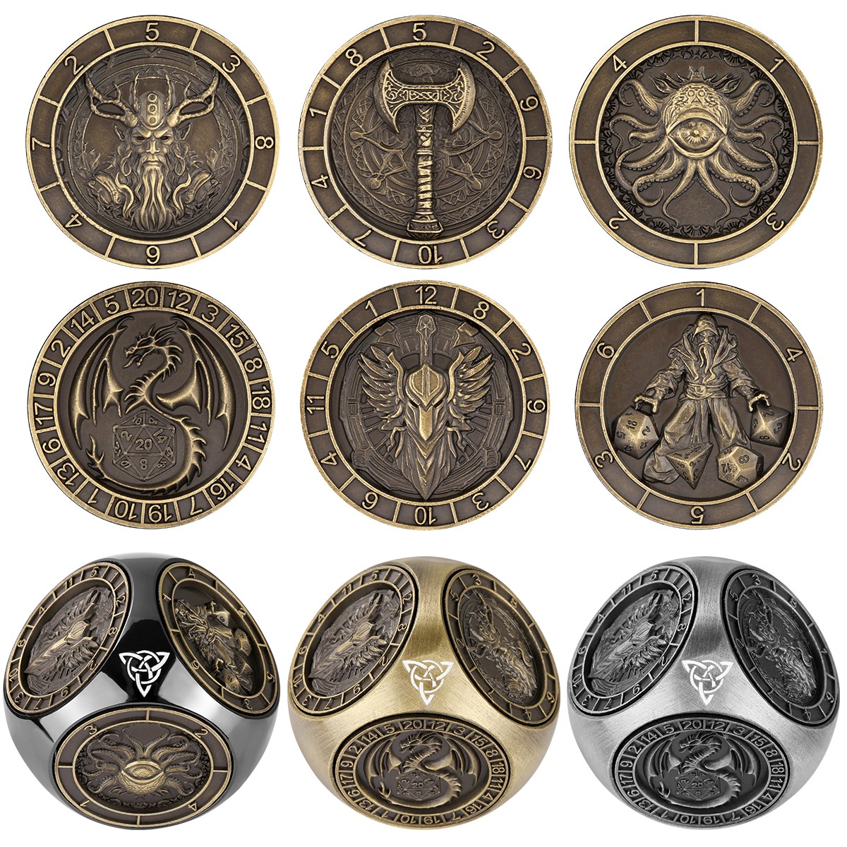 6-pack DND Dice Wheel Gift Box Set, Retro Wheel Metal Polyhedral Board Game Prop, Desktop Role Playing Decoration Collectibles Game Dice Accessories