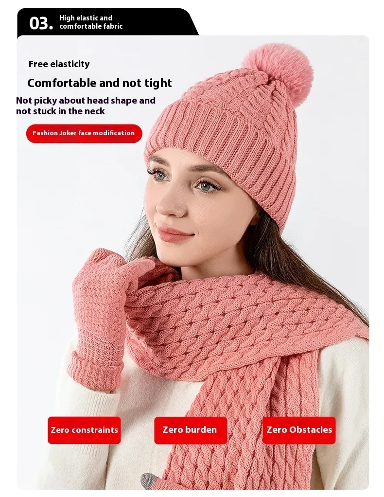 Warm Wool Knitting Hat, Scarf And Gloves Three-piece Set