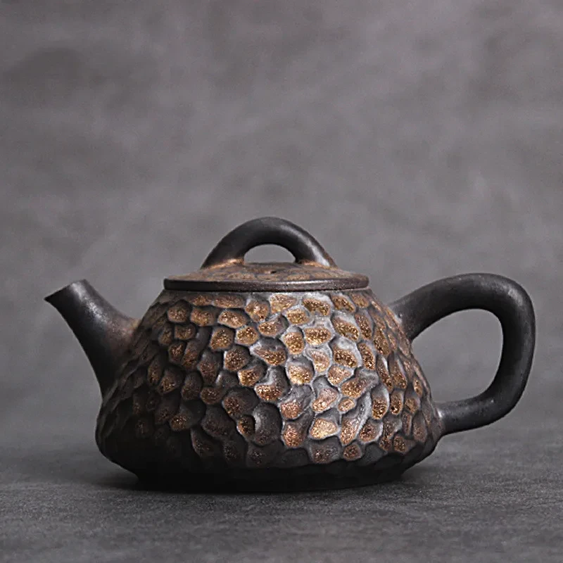 Japanese Style Black Gold Hammer Stone Ceramic Teapot