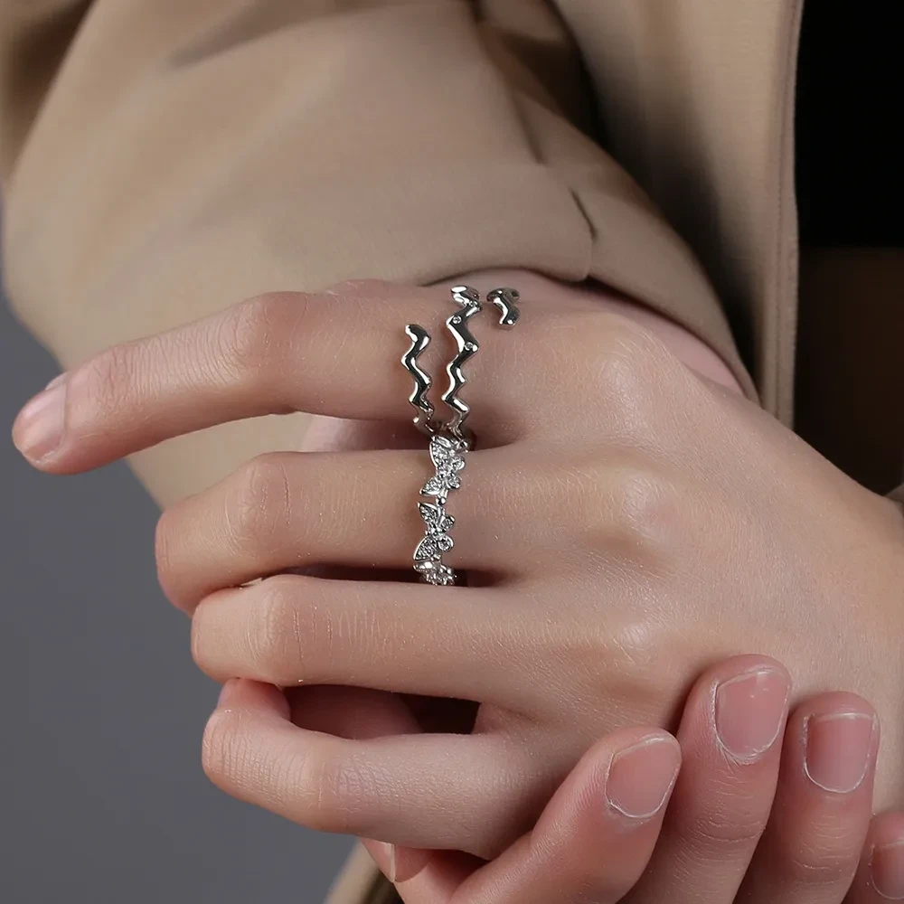 Cross Tidal Cool Female Opening Adjustable White Stone Ring