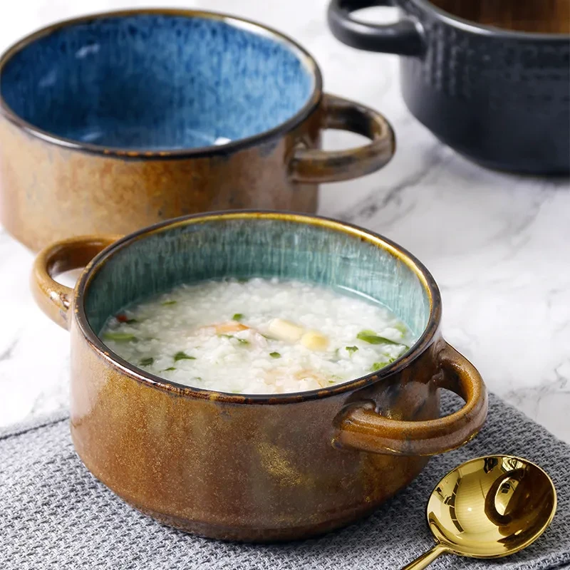 Ceramic Double Ear Bowl Single Household Eating Bowl