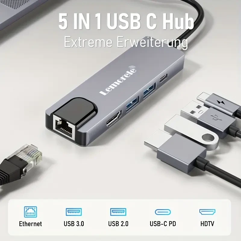 Lemorele 5in1 USB Type C Hub HDTV RJ45 Lan Adapter