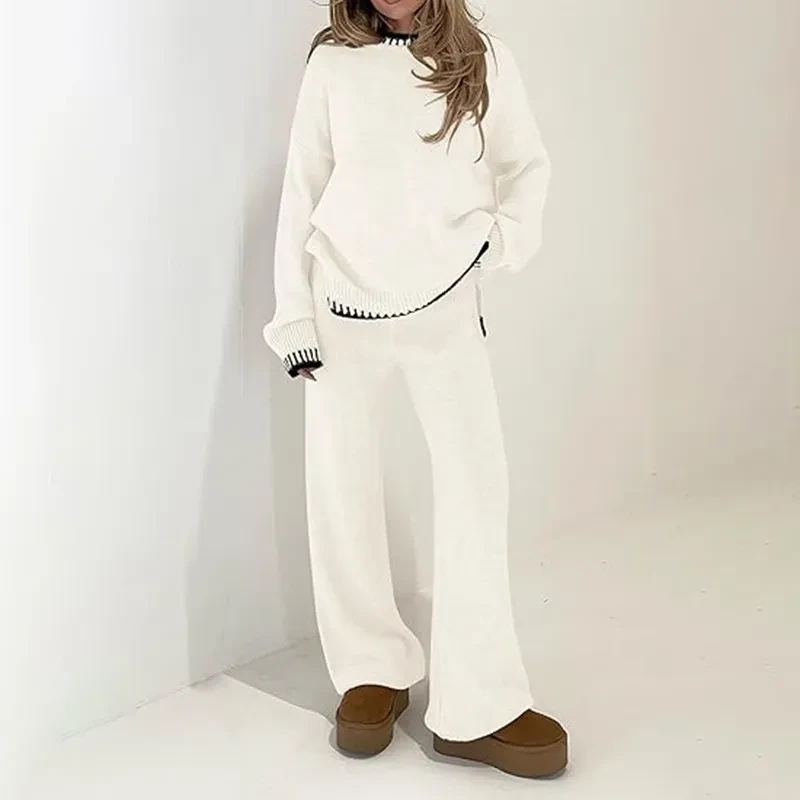 Sweater Knit Casual Long Sleeve Pullover Wide Leg Pants Suit