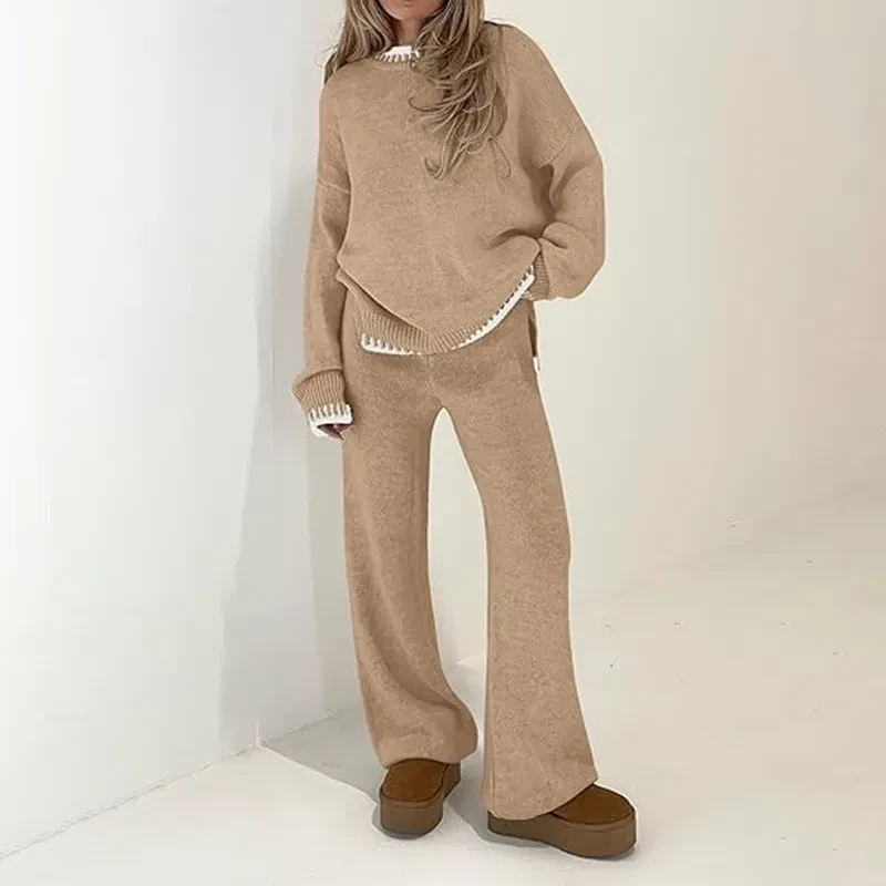 Sweater Knit Casual Long Sleeve Pullover Wide Leg Pants Suit