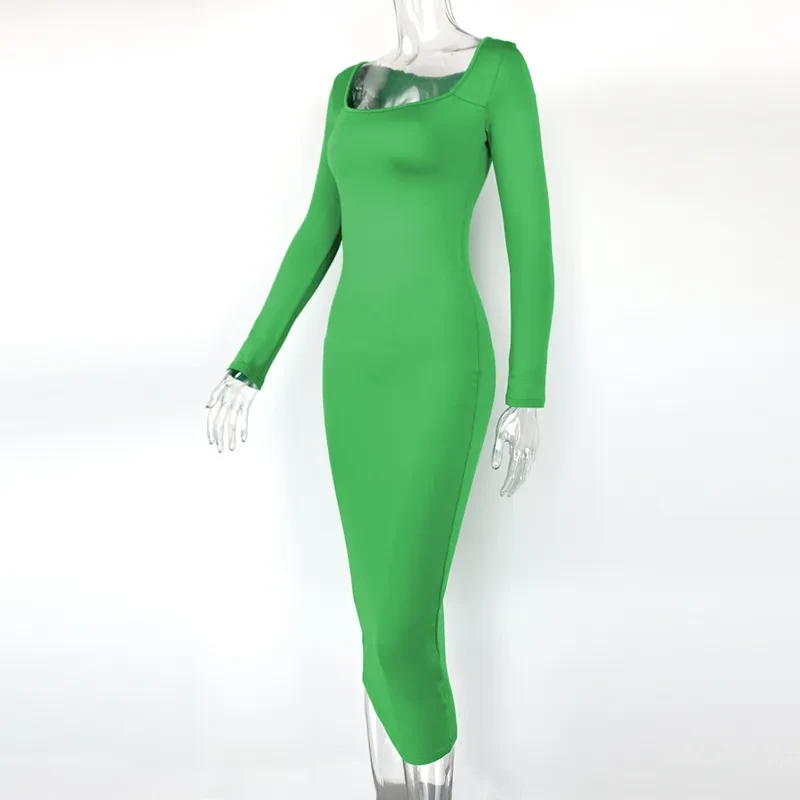 Slim Fleece Square Collar Long Sleeve Dress