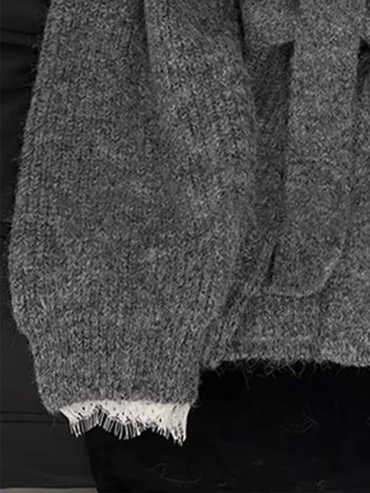Patchwork Fake Two Pieces Pullover Gray Top