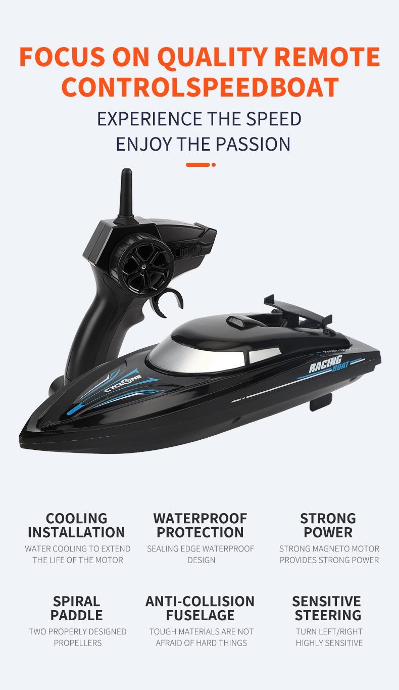 RC Boat, 2.4GB Long lasting Remote Boat, Rechargeable, Black