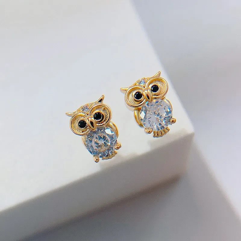 Sterling Silver Owl Zircon Earrings Female White Diamond