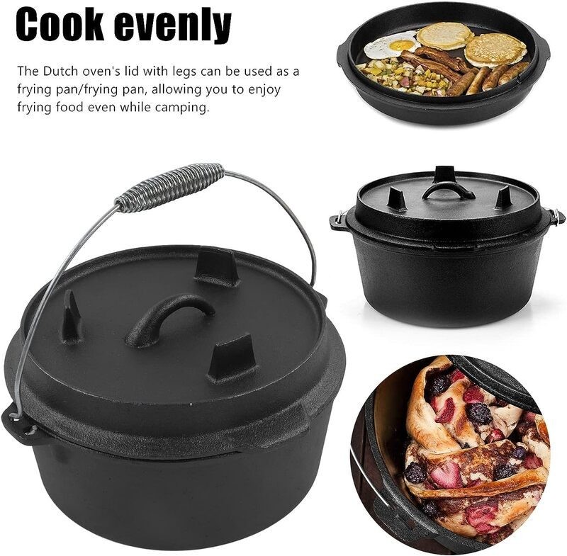 2 in 1 Cast Iron Dutch Oven Camping Pot Frying Pan Skillet Set