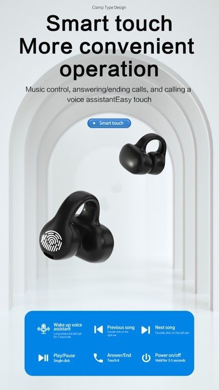Ear Clip Earphone. HiFi Sound, Bluetooth, Black