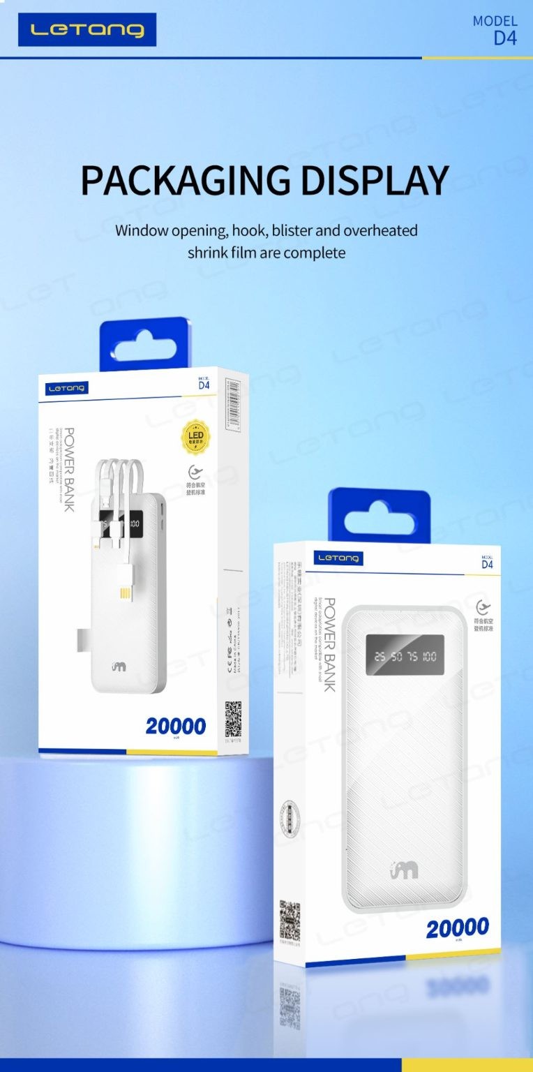 Power Bank, 20000mAh, build in 4 wire, White