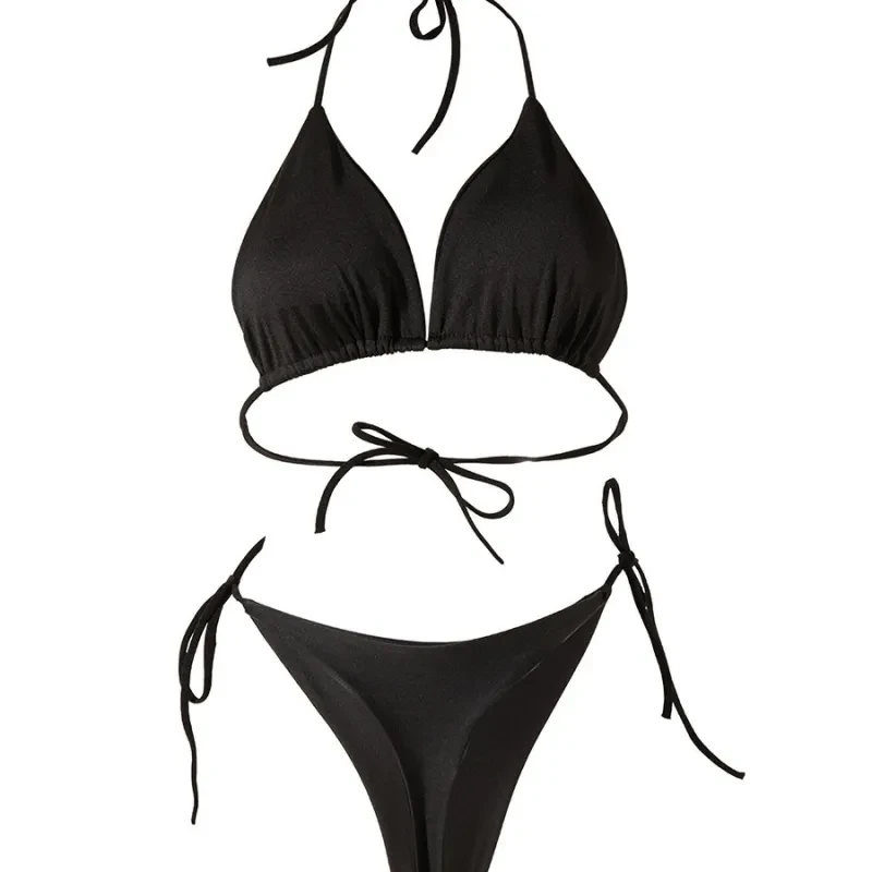 Solid Color Lace-up Bikini Swimsuit Suit With Chest Pad