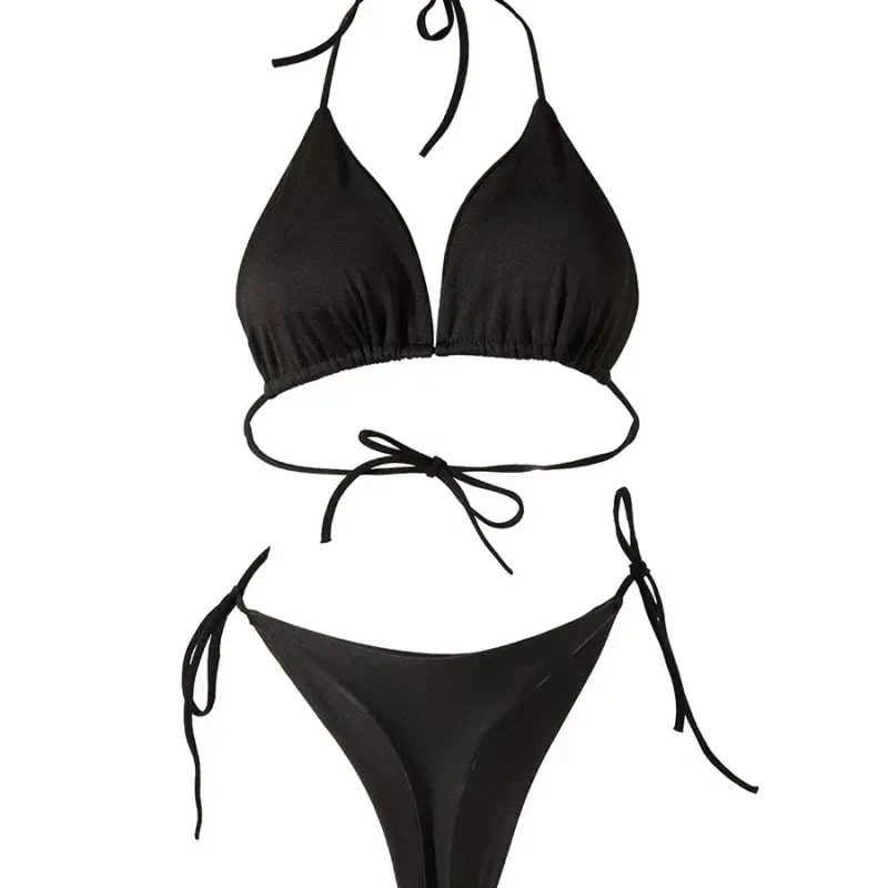 Solid Color Lace-up Bikini Swimsuit Suit With Chest Pad