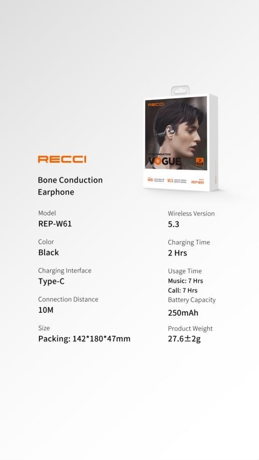 Bone Conduction Earphone, Wireless. Black