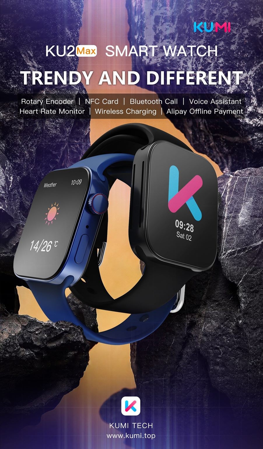 Smart Watch, KUMI KU2 MAX, Black, 1 Year Warranty