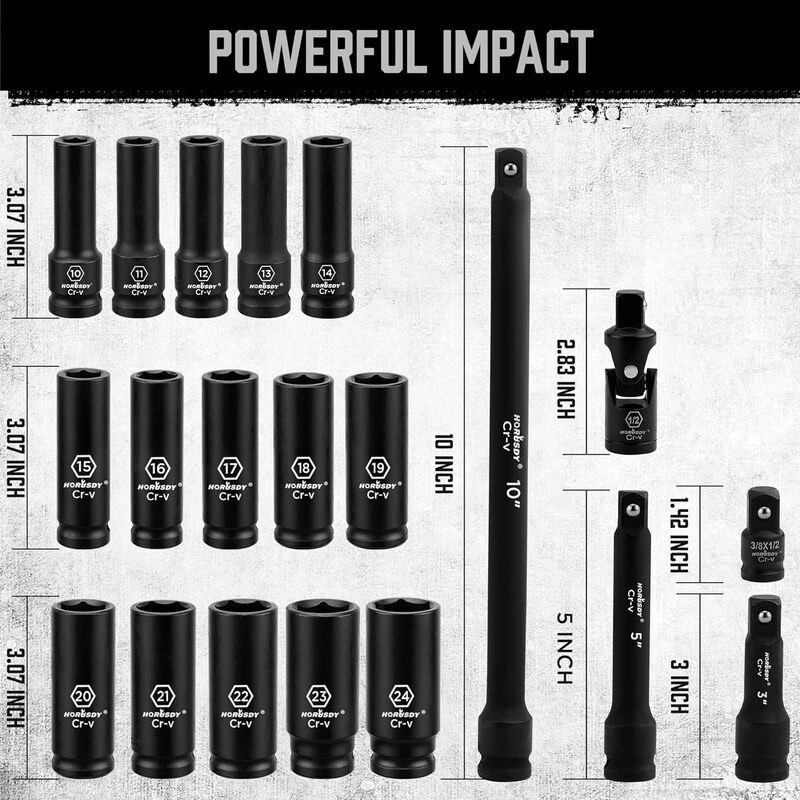 HORUSDY Deep Socket Set 1/2" Drive Extension Bars Adapter